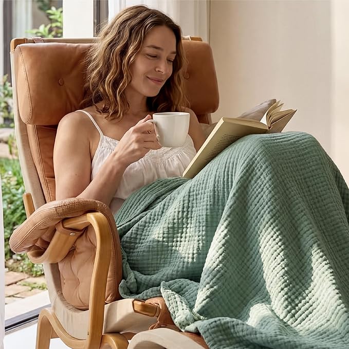 Bedsure 100% Cotton Muslin Throw Blanket Large 50x70 Inches - 4-Layer Breathable and Lightweight Thin Soft Summer Gauze Muslin Blankets for Adults, Sage Green, Boho Cotton Throw for Couch