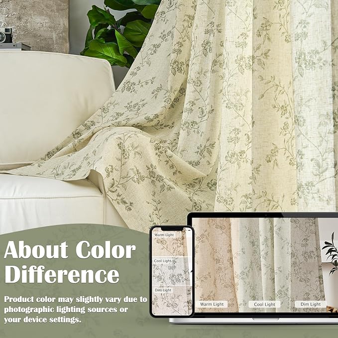 Lazzzy Green Floral Linen Curtains 84 Inch Farmhouse Back Tab Drapes for Living Room Bedroom Light Filtering Vintage Grandmillennial Rod Pocket Curtains, 2 Panels, W38 x L84, Green on Beige