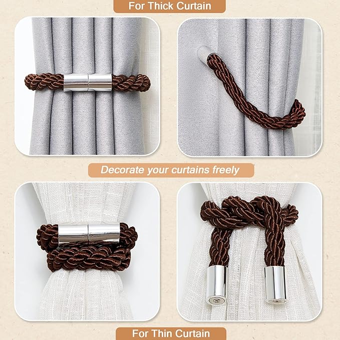 NICEEC 4 Pack Strong Magnetic Curtain Tiebacks Modern Simple Style Drape Tie Backs Convenient Decorative Weave Rope Curtain Holdbacks for Thin or Thick Home & Office Window Draperies (Deep Coffee)