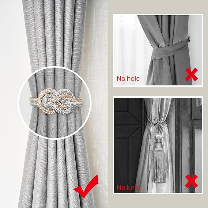 NICEEC 2 Pack Mini Magnetic Curtain Tiebacks Nordic Simple Style Drape Tie Backs Elegant Hand Weave Rope Knot Decorative Curtain Holdbacks for Home & Office Thin Window Drapery (Grey & Beige)