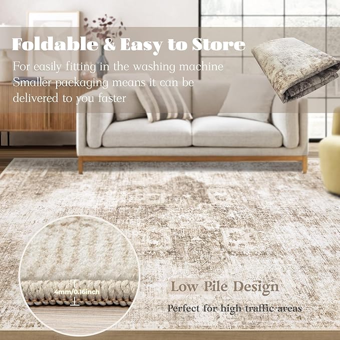 Area Rug 3x5 Washable Rug, Vintage Boho Medallion Entryway Rug Non-Slip Soft Low Pile Small Distressed Floor Carpet Retro Doormat for Kitchen Bedroom Laundry Bathroom Hallway (Brown, 3'x5')