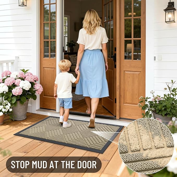 OLANLY Front Door Mat Outside Entrance 47x23, Absorbent, Heavy Duty Sturdy Natural Rubber Doormat Indoor Outdoor, Stain and Fade Resistant, Non-Slip Low Profile Floor Mat for Entryway, Beige Diamond
