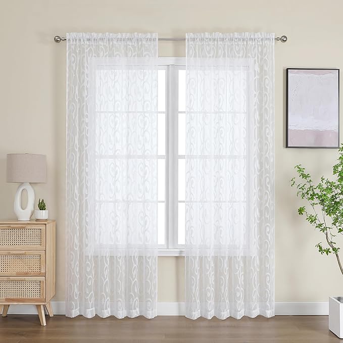 OWENIE Furman Sheer White Curtains 84 inches Long for Bedroom Living Room 2 Panels Set, White Curtains Jacquard Clip Light Filtering Semi Sheer Curtain Rod Pocket Window Drapes, Each 52Wx84L inch