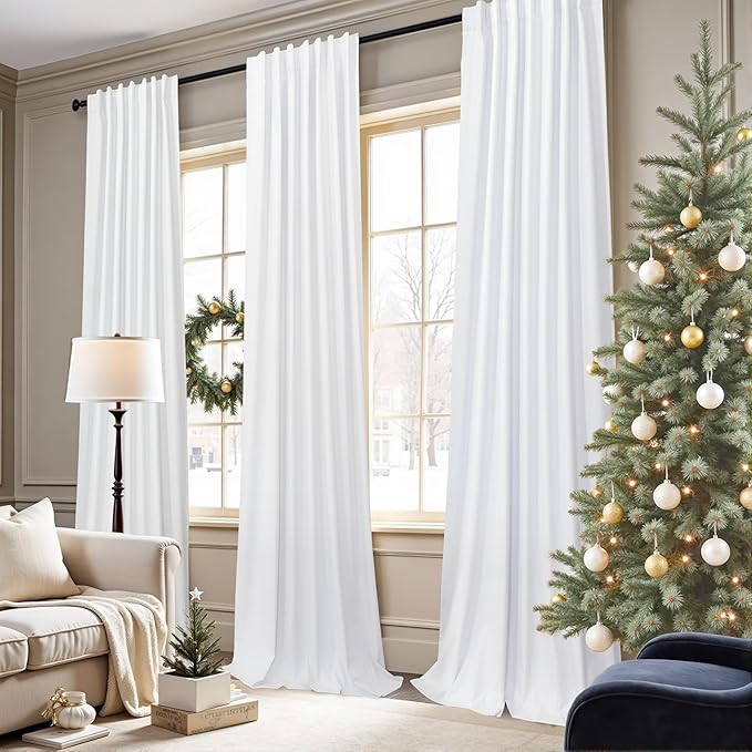Black Out Curtains 72 Inch Long 6 ft Length 2 Panel Set Neutral Cute Blackout White Linen Look Living Room Darkening Window Drape for Bedroom Insulated Thermal Curtain for Winter Cold UV Cooling 52x72