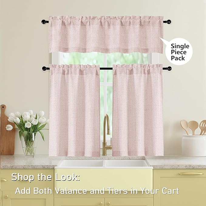 Blush Pink Valances for Windows, Light Filtering Faux Linen Textured Small Short Valance Curtains for Bathroom Basement Farmhouse, Rod Pocket Half Curtains for Windows, 60Wx12L Inch