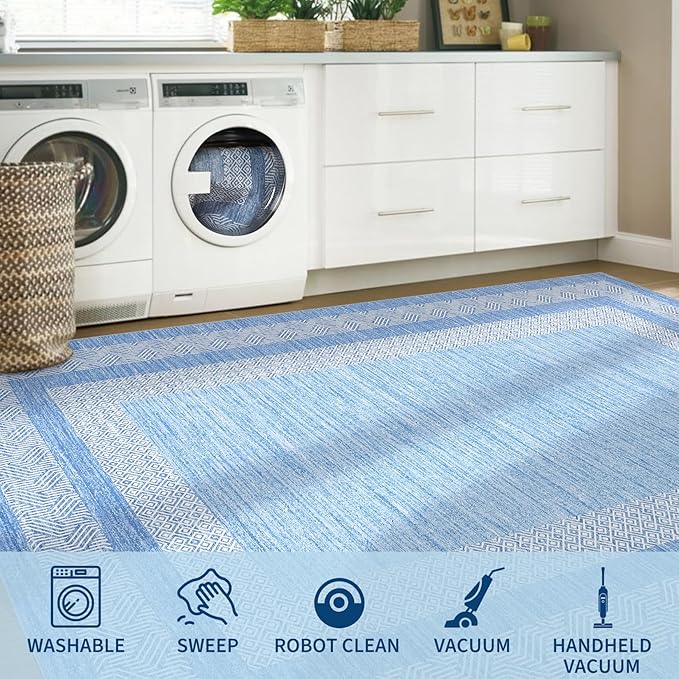 GarveeHome 2x6 Modern Bordered Runner Rug Soft Non Slip Washable Floor Carpet Distressed Geometric Hallway Indoor Printed Rug for Kitchen Entrance, Light Blue