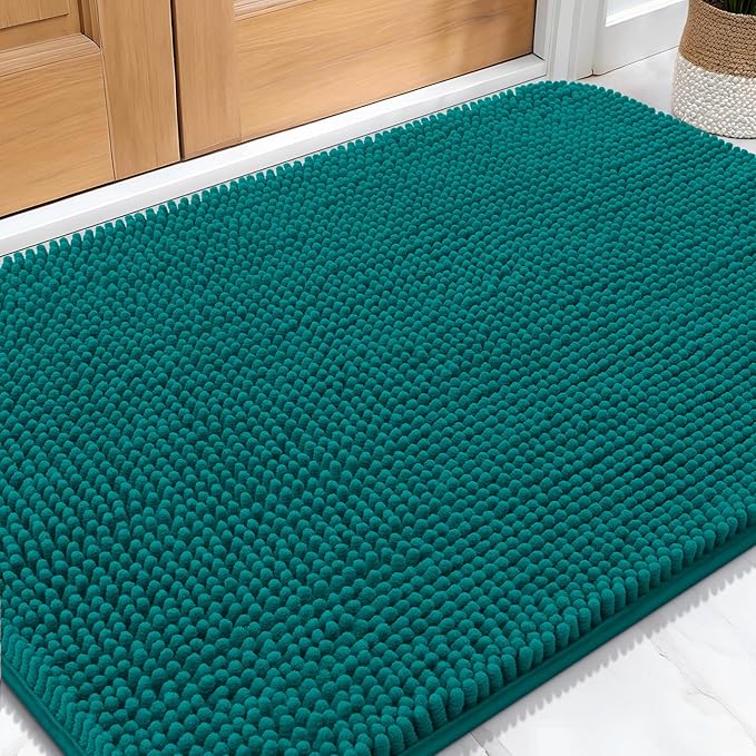 OLANLY Dog Door Mat for Muddy Paws 34x21, Absorbs Moisture and Dirt, Absorbent Non-Slip Washable Doormat, Quick Dry Chenille Mud Mat for Dogs, Entry Indoor Entryway Carpet for Inside Floor, Lake Blue