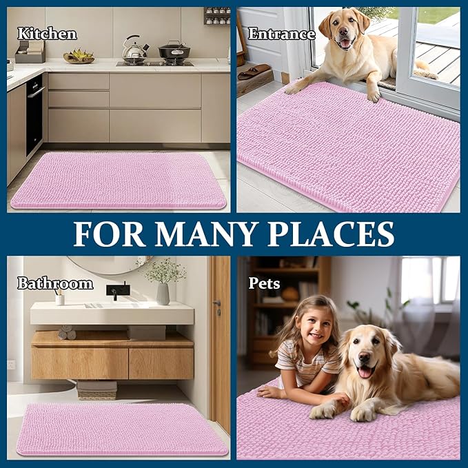 OLANLY Dog Door Mat for Muddy Paws 24x16, Absorbs Moisture and Dirt, Absorbent Non-Slip Washable Doormat, Quick Dry Chenille Mud Mat for Dogs, Entry Indoor Entryway Carpet for Inside Floor, Pink