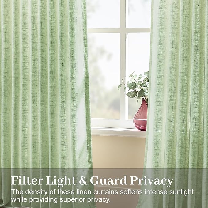 Sage Green Pinch Pleated Curtains 96 Inches Long for Living Room, Semi Sheer Privacy Linen Curtain Memory Trained Modern Back Tab Drapes with Rings for Farmhouse Dining Room, 2 Panels, W40xL96