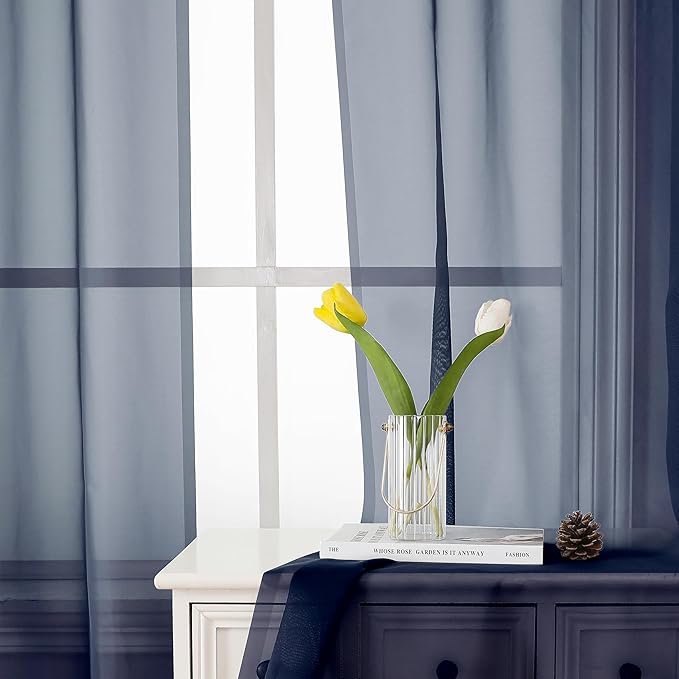 Lecloud Navy Blue Sheer Curtains 63 Inch Long 2 Panels, Elegant Voile Drapes for Dinning Small Windows, Light Filtering Voile Curtain for Living Room Bedroom Bathroom, Dual Rod Pocket, 40" Wx63 L
