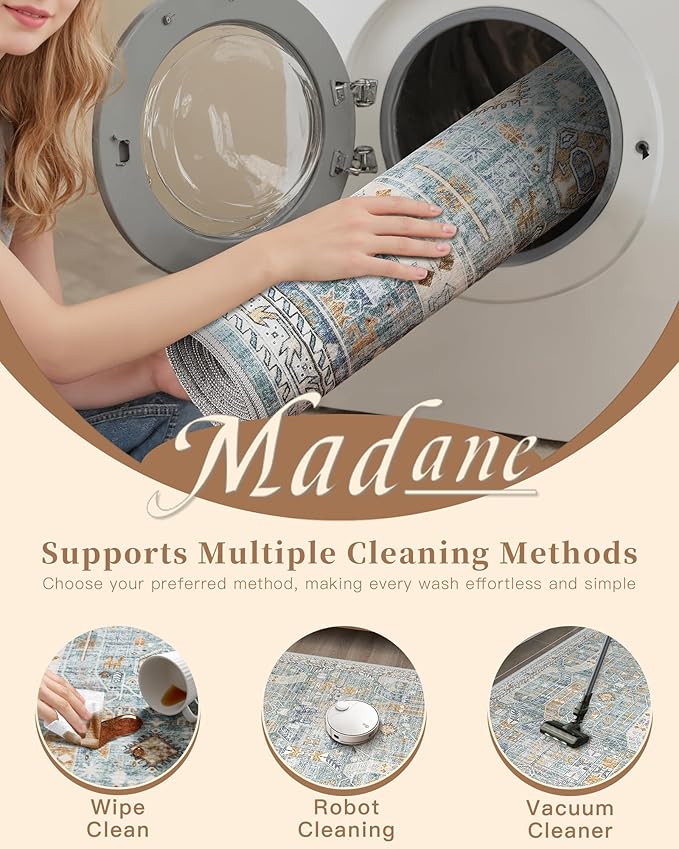 Madane Washable Area Rug 2x3, Small Entryway Rug Non-Slip Vintage Door Mat Indoor Entrance, Low Pile Floor Carpet for Inside Front Door Bedroom Kitchen Entry Laundry (2'x3', Blue/Gold)