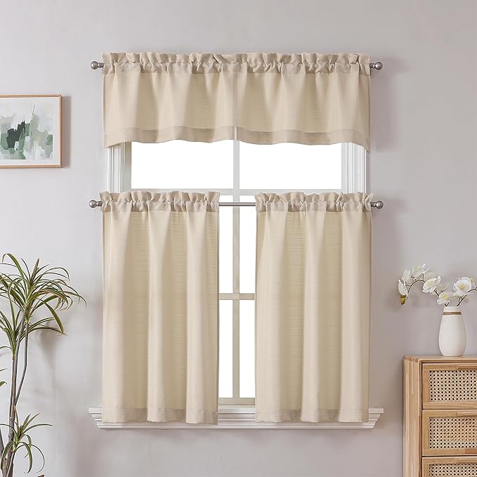 Chyhomenyc Linen Short Curtain Valance for Windows, Faux Linen Textured Half Window Curtains, Burlap Solid Topper Small Curtain Valance for Bathroom Laundry Basement, 60Wx18L Inch, 1 Piece