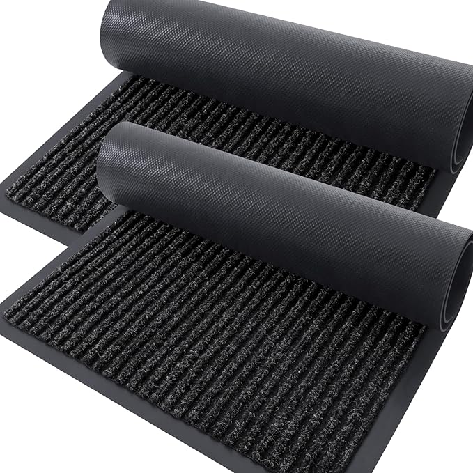OLANLY Front Door Mat Indoor Outdoor Entrance, 2-Pack 47 x 32 Inch, Waterproof Heavy Duty Doormat, Fade Resistant, Low Profile, Easy Clean Patio Porch Welcome Floor Mats for Entry, Off-Black