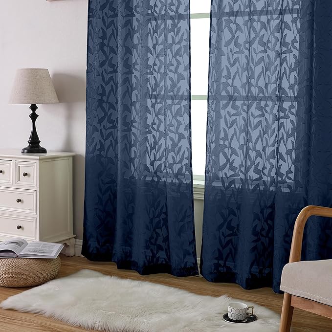 Lecloud Leia Clip Semi Sheer Navy Blue Curtains 45 Inch Length 2 Panels, Light Filtering Jacquard Leaf Voile Curtain for Living Room/Bedroom, Dual Rod Pockets Window Kitchen Drapes, 38x45 Inches