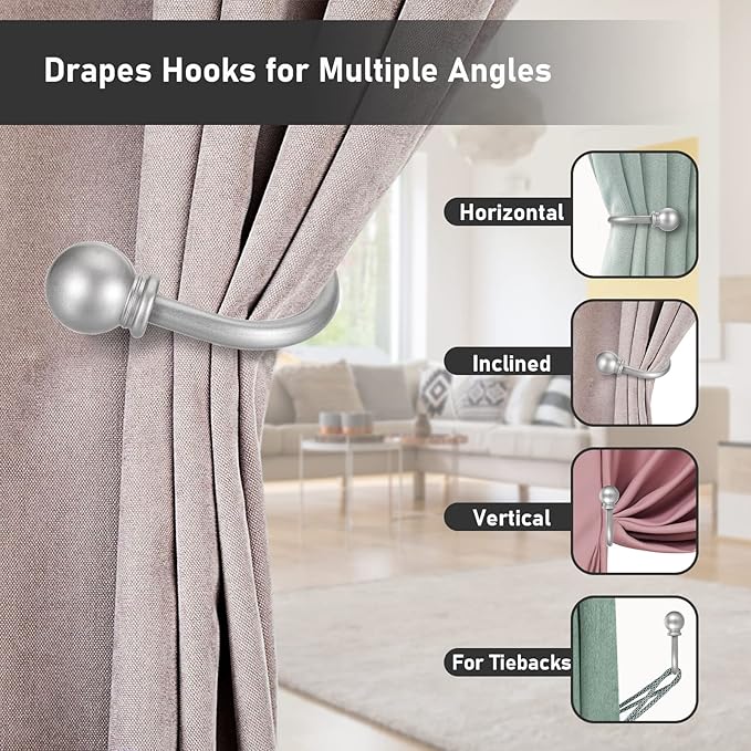 Sumnacon Set of 2 Decorative Curtain Holdbacks, Wall Mounted Aluminum Alloy Window Drapery Tiebacks for Bedroom, Livingroom Office Come with Screws, Silver
