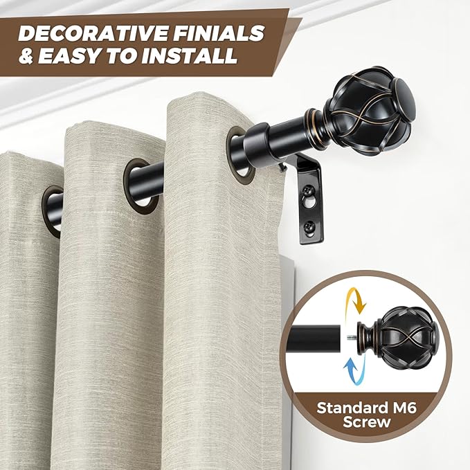KAMANINA 1 Inch Curtain Rod Telescoping Single Drapery Rod 36 to 72 Inches (3-6 Feet), Black Curtain Rods for Windows 24 to 68 Inches, Netted Texture Finials