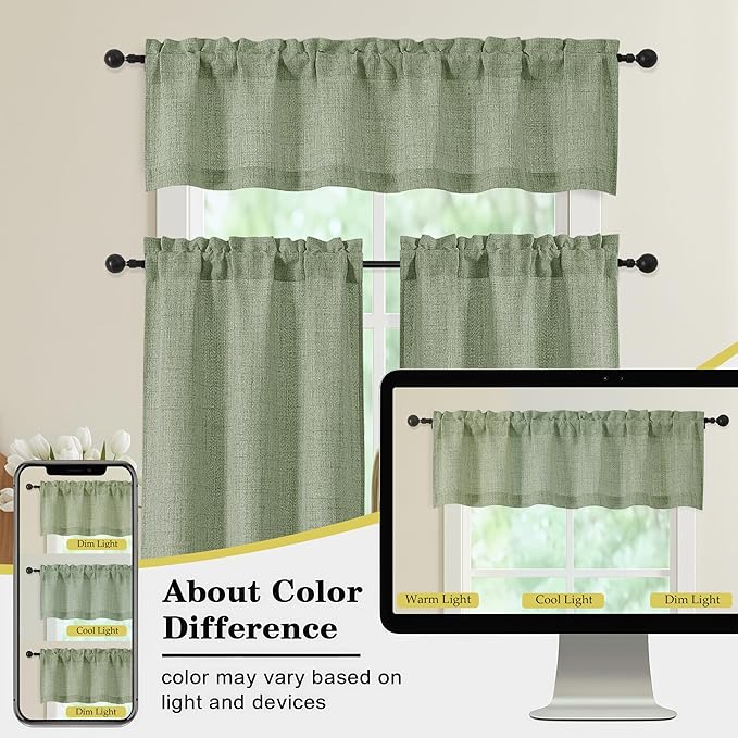 Sage Green Valances for Windows, Light Filtering Faux Linen Textured Small Short Valance Curtains for Bathroom Basement Farmhouse, Rod Pocket Top Half Curtains for Windows, 60" Wx20 L