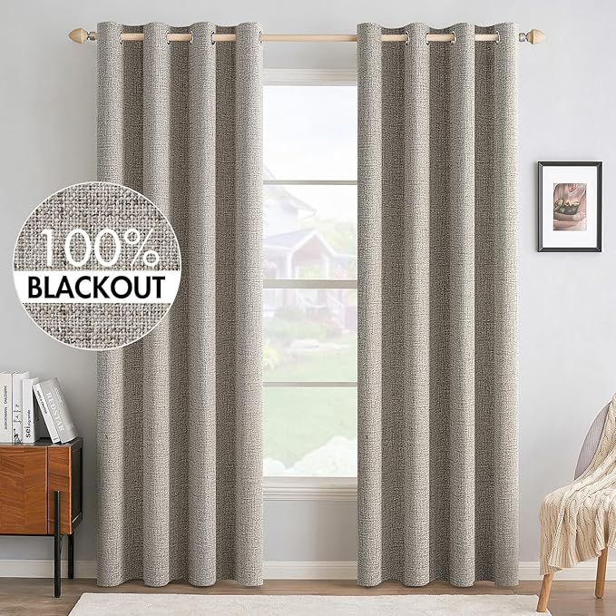 MIULEE Linen Curtains for Bedroom Solid 100% Blackout Thermal Insulated Greige Curtains Grommet Room Darkening Draperies for Living Room Nursery 52x96 Inch (2 Panels)
