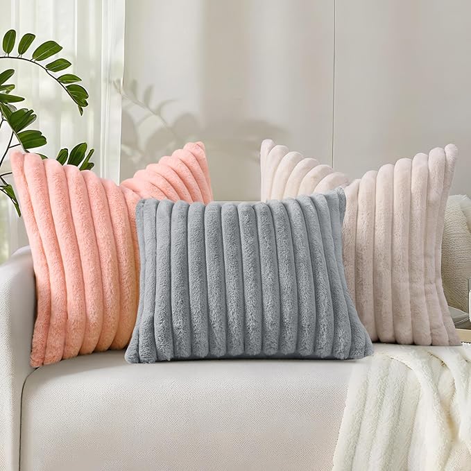 decorUhome Summer Cozy Faux Fur Throw Pillow Covers 22x22 Set of 2 Decorative Plush Striped Modern Farmhouse Boho Couch Euro Sham Pillow Cases with Velvet Back for Sofa Bed Living Room, Blush Pink