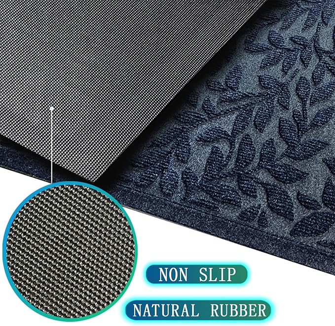 Bulijojo Sturdy Front Entrance Doormats,Durable Heavy Duty Welcome Mat,Thick Absorbent Natural Rubber Non Slip Mat,Easy Clean Entryway Mat 17x30 Inch Leaves Blue