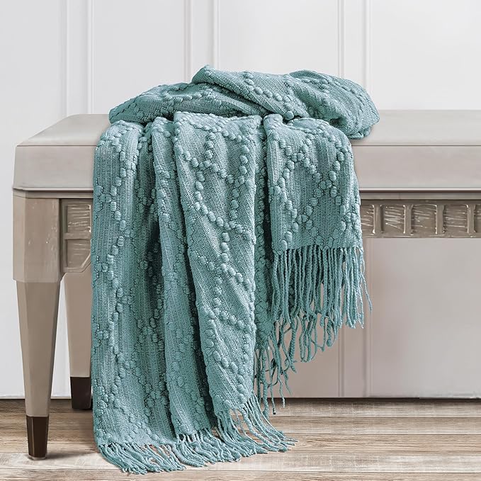 BOURINA Blue Throw Blanket 50 x70 Inches Jacquard Argyle Throw Textured Solid Soft Throws and Blankets for Sofa or Bed Knitted Decorative Blanket