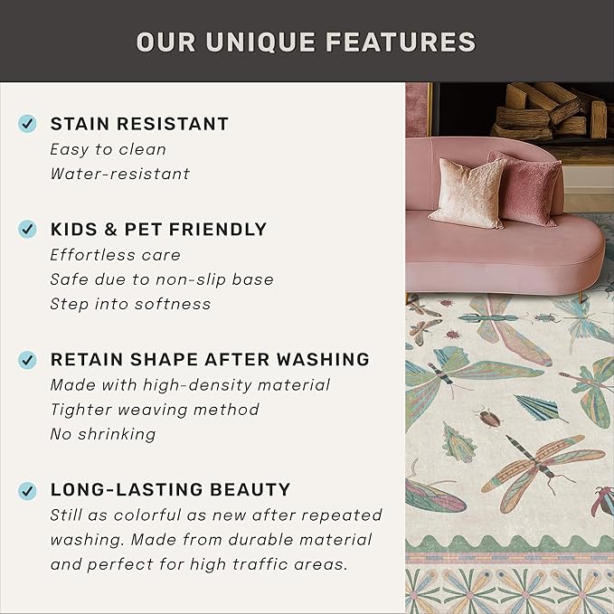 Washable Sage Green Large Entryway Rug, 3x5 Area Rugs for Laundry Room, Kitchen, Bedroom, Dorm, Insect Print Vintage Floral Non-Slip Throw Rug Low Pile Stain Resistance