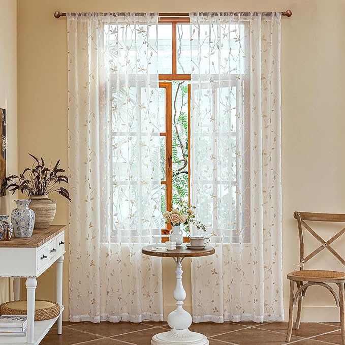 AmHoo 2 Panels Embroidered Leaf Pattern Semi Sheer Curtains Foliage Floral Voile Window Draperies Treatment for Bedroom Living Room Rod Pocket White Beige 53 x 63 Inch