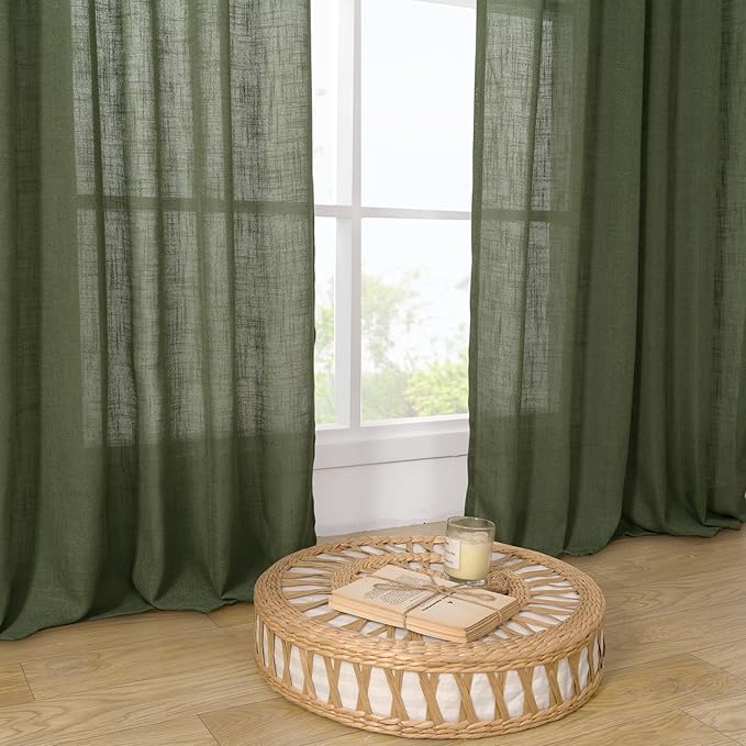 LAMIT Light Filtering Linen Curtains 63 inches Long for Bedroom, Linen Textured Semi Sheer Back Tab and Rod Pocket Olive Green Boho Christmas Drapes for Living Room, 2 Panels, 60 x 63 Inch