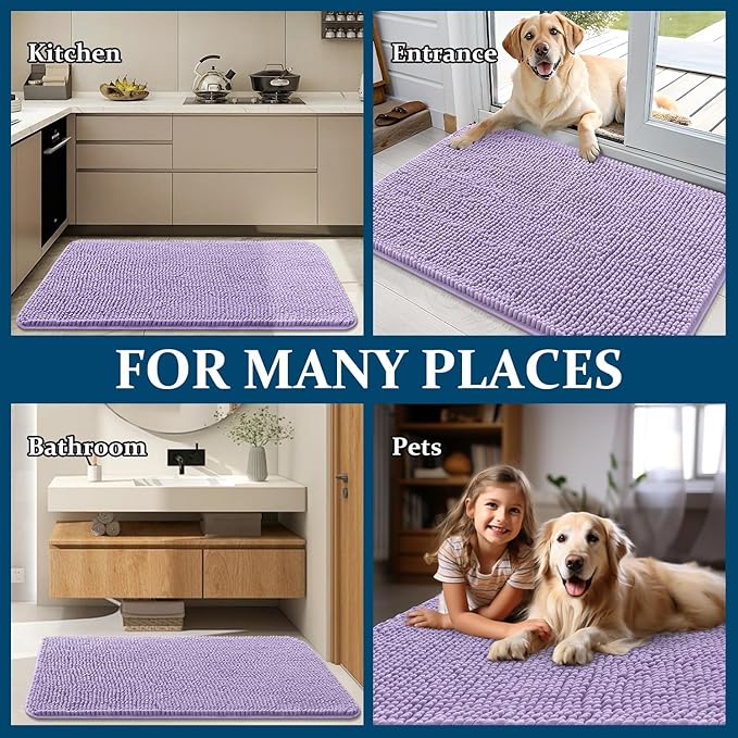 OLANLY Dog Door Mat for Muddy Paws 47x24, Absorbs Moisture and Dirt, Absorbent Non-Slip Washable Doormat, Quick Dry Chenille Mud Mat for Dogs, Entry Indoor Entryway Carpet for Inside Floor, Lavender