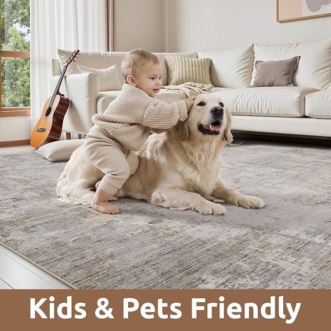 4 x 6 Area Rugs for Living Room, Machine Washable Non Slip Rug Ultra Soft Low Pile Indoor Carpet Modern Abstract Rugs for Bedroom Office Room Dining Room Beside, Beige