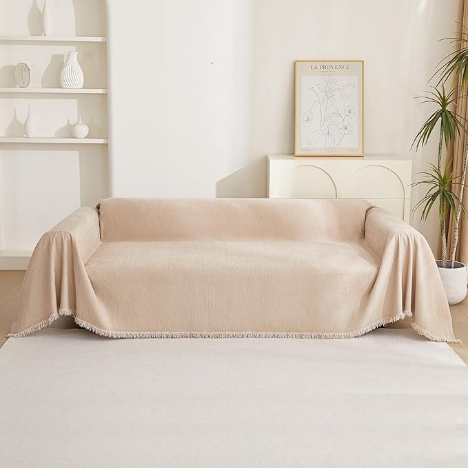 MYSKY HOME Khaki Sectional Sofa Covers Chenille Couch Cover for Dogs Solid Sofa Cover for 3 Cushion Couch Washable Couch Covers with Tassel Edge L Shape Sofa Throw Large Sofa Slipcover, 91" X134"