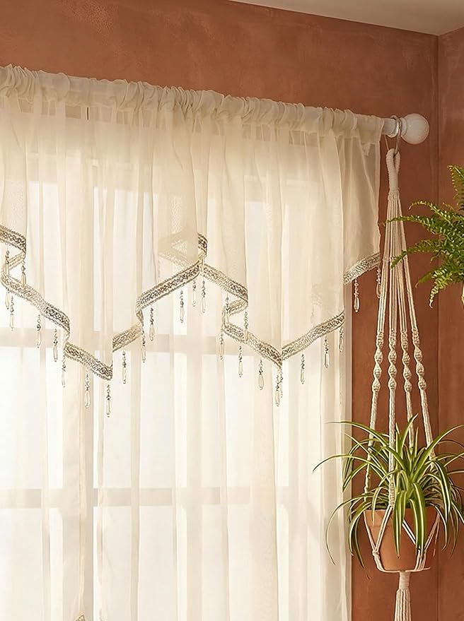 Molaxhome Swag Curtain 51 inch Length Rod Pocket Scalloped Curtain Valance Sheer Lace Panels with Hanging Crystal Beads for Kitchen Bedroom Window Treatments Drape Decor 1pc (Beige, 51Wx23L)