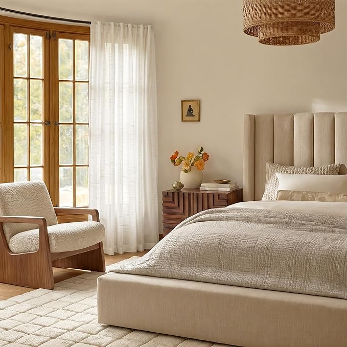 NICETOWN Semi Sheer Linen Curtains for Living Room, Grommet Light Filtering Airy & Elegant Window Treatments Privacy Drapes Natural Linen Blend for Bedroom, W52 x L95, 2 Panels