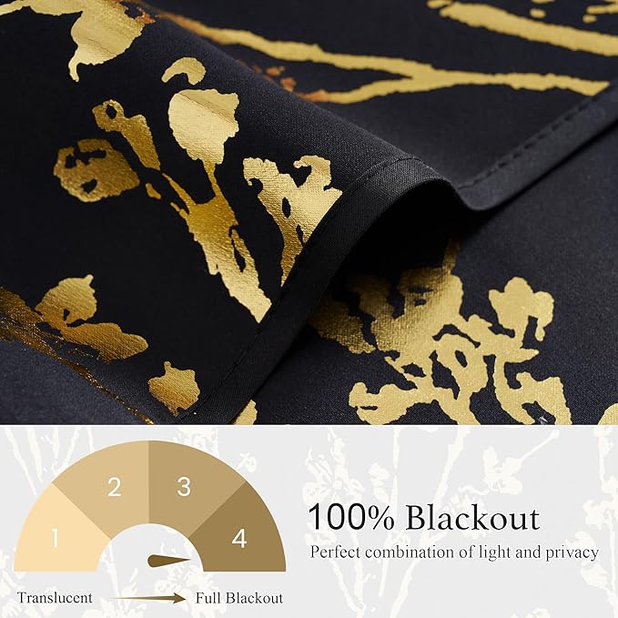 NICETOWN Blackout Kitchen Valances for Windows, Black Floral Scalloped Decor for Living Room Bathroom, Gold Foil Flower Shadow Printed Drapes 18 Inch Length with Rod Pocket, W42×L18, 1 Panel