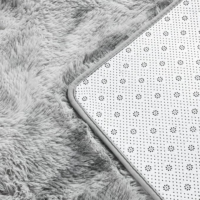 Large Shag Area Rugs 9 x 12, Tie-Dyed Plush Fuzzy Rugs for Living Room, Ultra Soft Fluffy Furry Rug for Bedroom, Indoor Carpet Nursery Rugs for Kids Room Home Decor, Light Grey