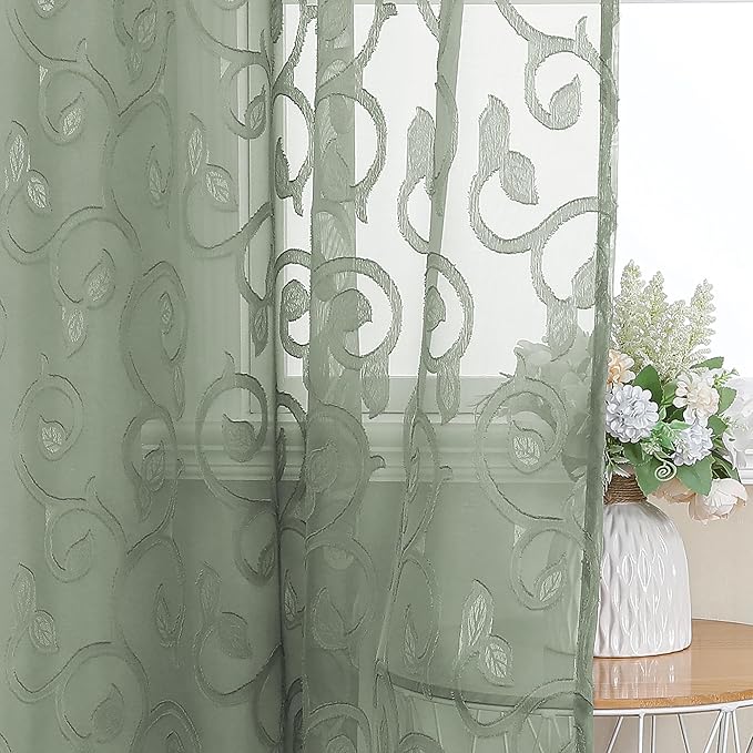 OWENIE Furman Sheer Sage Green Curtains 84 inches Long for Bedroom Living Room 2 Panels Set, White Curtains Jacquard Clip Light Filtering Semi Sheer Curtain Rod Pocket Window Drapes, 52Wx84L inch