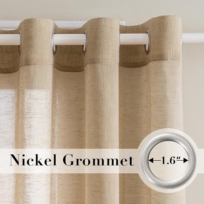 H.VERSAILTEX Linen Curtains Flax Linen Blended Curtain Panels for Living Room/Bedroom Semi Sheer Privacy Curtains 108 inch Length 2 Panels Set Nickel Grommet Window Drapes (52 by 108 Inch, Taffy)