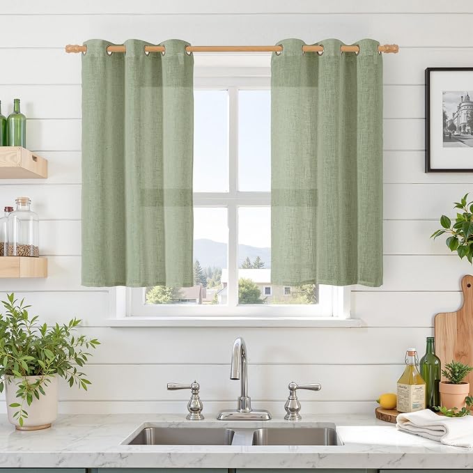 LAMIT Short Linen Curtains 40 inches Long for Small Window, Bronze Grommet Linen Drapes Light Filtering Sheer Window Curtains for Kitchen/Cafe, 2 Panels (34 x 40 Inch, Sage Green)