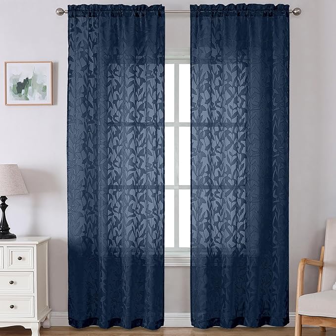Lecloud Leia Navy Blue Sheer Curtains for Living Room 108 Inches Long 2 Pcs, Jacquard Leaf Textured Modern Bedroom Curtains, Voile Dual Rod Pocket Light Filtering Drapes, Each Panel 52" W x 108" L
