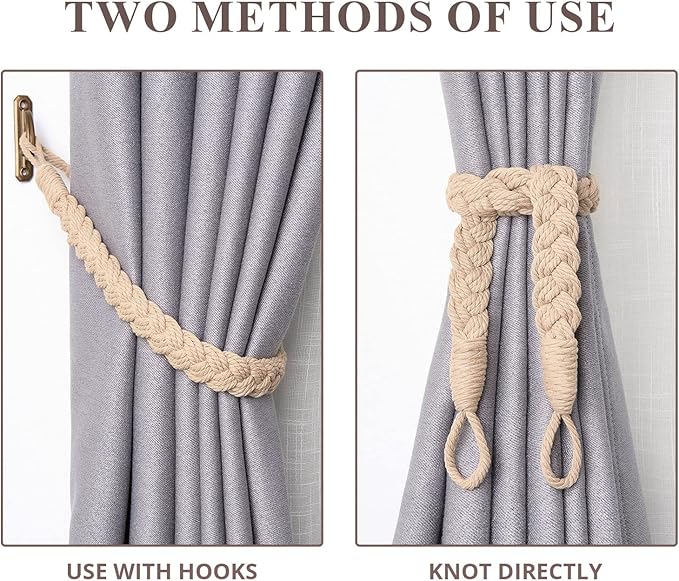 NICEEC 2 Pack Natural Cotton Rope Curtain Tiebacks Elegant Boho Style Decorative Drape Tie Backs Soft Hand-Woven Rope Curtain Holdbacks with Metal Hook for Home & Office Drapery (Dark Beige)