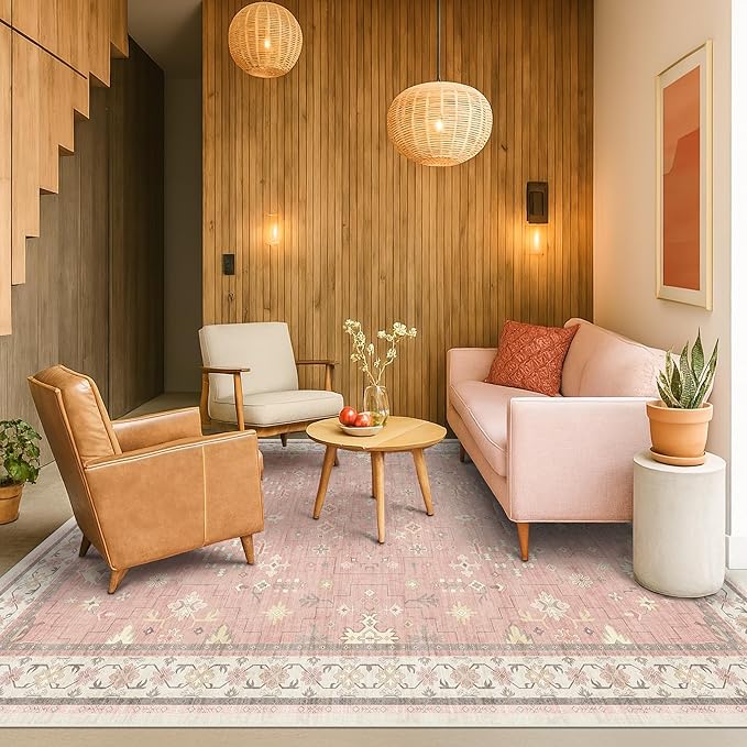 Washable 8x10 Blush Pink Rug for Bedroom Girls Dorm, Floral Retro Living Room Rugs, Soft Thin Low Pile Non Slip Stain Resistant Carpet