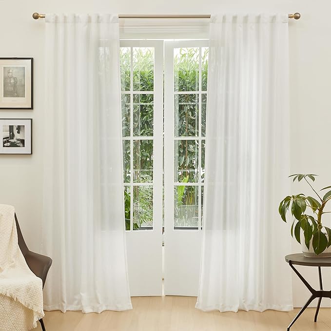 MYSKY HOME Natural Curtains 84 Inches Long, Semi Sheer Light Filtering Soft Window Drapes for Living Room Back Tab Elegant Farmhouse Country Bedroom Curtains, Beige White, 50" x 84", Pack-2