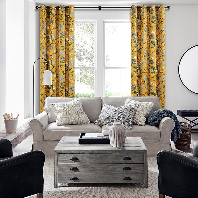 Topfinel 90 Inches Long Curtains & Drapes 2 Panels, Unique Nature Luxury Elegant Colorful Dark Floral Hummingbird Patterned Rustic Mustard Yellow Grommet Drapes for Classroom Room Office Closet 52x90