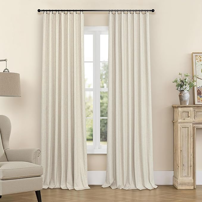 Burlap Colored Blackout Curtain 84 Inch Length 2 Panel Faux Linen Modern Farmhouse Living Room Darkening Curtain for Bedroom Window Black Out Drape for Sliding Glass Door Back Tab 7ft Long 52x84 Beige