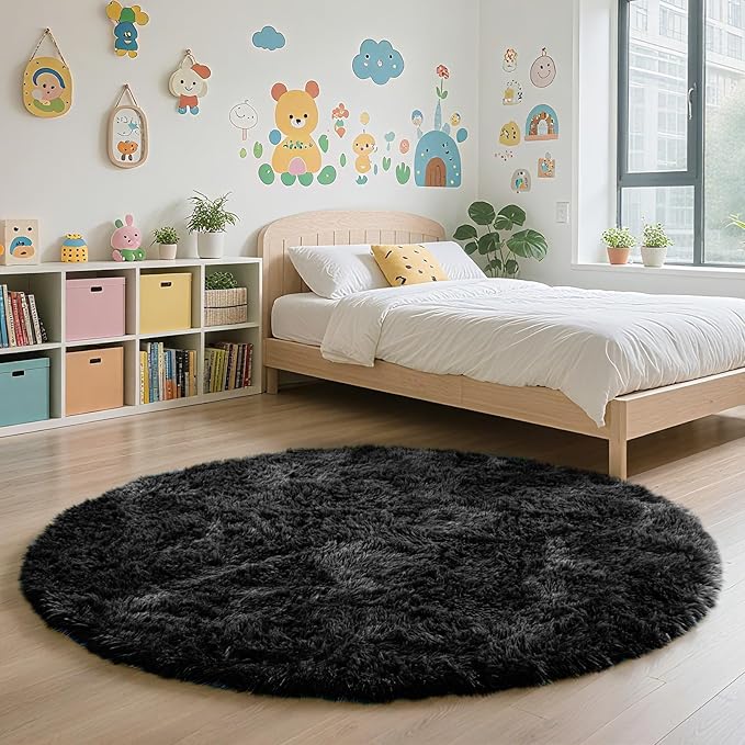 yulidayang Black Fluffy Round Area Rugs for Living Room,6'X6'Shag Circle Area Rugs for Bedroom,Non Slip Fuzzy Plush Rug for Kids Room Boys Girls Room and Dorm Home Decor Rug