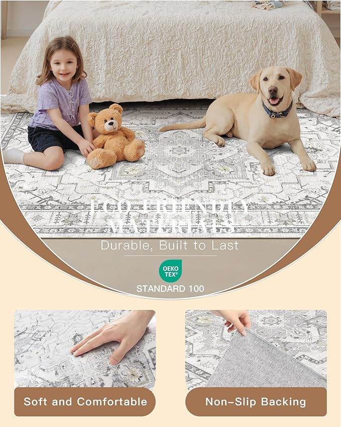 Madane Washable Area Rug 2x3, Small Entryway Rug Non-Slip Vintage Door Mat Indoor Entrance, Low Pile Floor Carpet for Inside Front Door Bedroom Kitchen Entry Laundry (2'x3', Grey)
