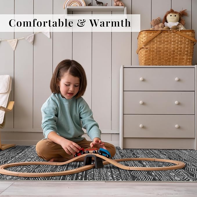 4x8 Washable Hallway Runner Rug：Moroccan Non-Slip Wide Runners for Entryway Kitchen Soft Modern Geometric Low-Pile Rugs for Living Room Thin Waterproof Carpet for Bedroom Bathroom Laundry(Black,4x8)