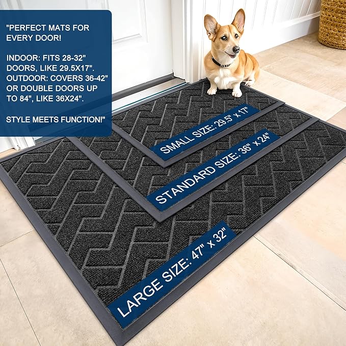 OLANLY Front Door Mat Indoor Outdoor Entrance, Waterproof All-Season, All-Weather Doormat, Sturdy Natural Rubber, Low Profile, Easy Clean Patio Porch Entryway Mat, Herringbone Brick (Black, 59x23)