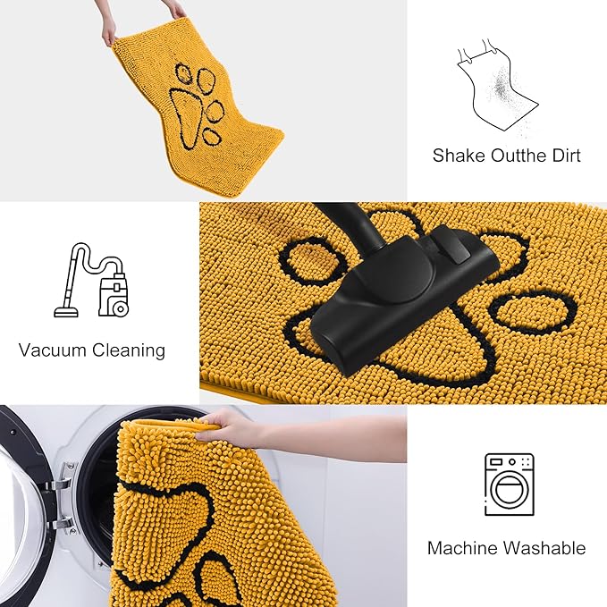 Smiry Dog Door Mat for Muddy Paws, Absorbent Dirt Trapper Non Slip Quick Dry Washable Chenille Mat for Mud Dogs, Entry Rug for Indoor and Outdoor (48x30 Inches, Golden Yellow and Black)