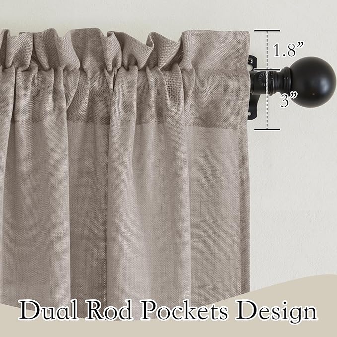 RYB HOME Cafe Curtains 24 inches Length, Linen Sheer Short Curtains for Small Window, Half Privacy Light Filetring Window Tier Valance for Kitchen Bathroom, W 26 x L 24, Birch Brown, 2 Panels Set